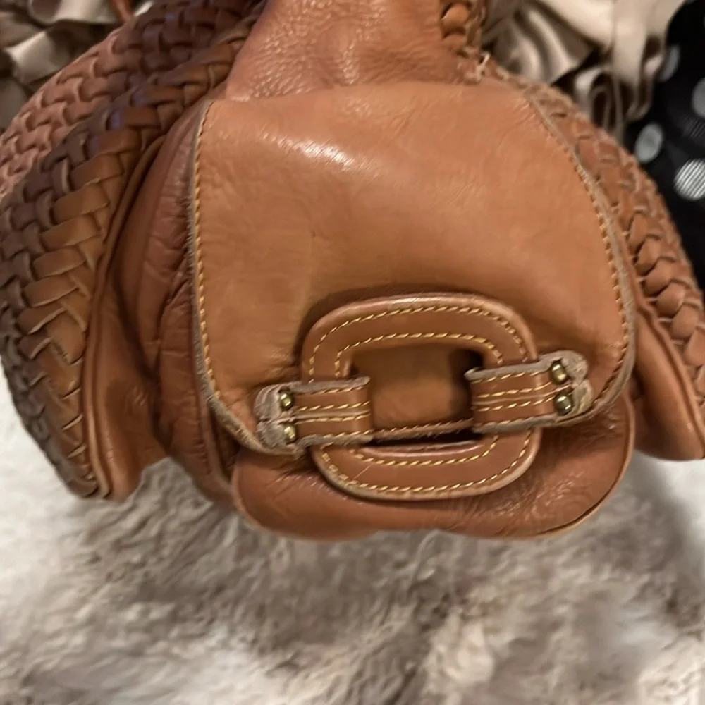 Cole Haan Tan Cognac Brown Neutral Woven Leather Hobo Shoulder Bag Boho Bag